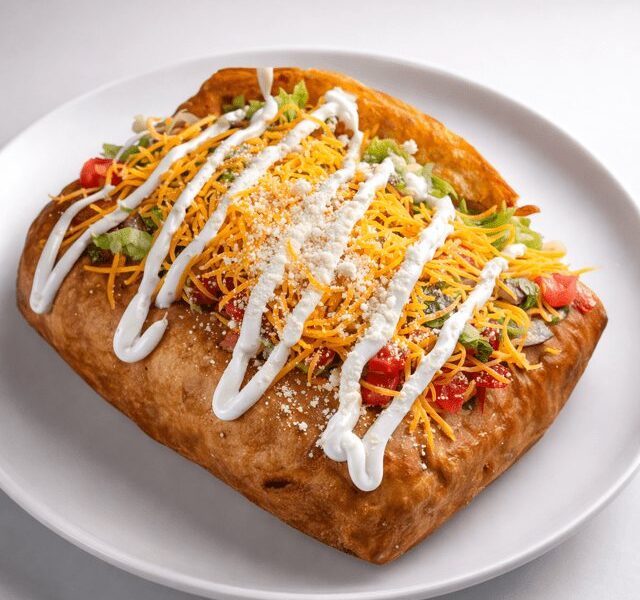 Chimichanga topped with sour cream, pico de gallo and shredded cheese